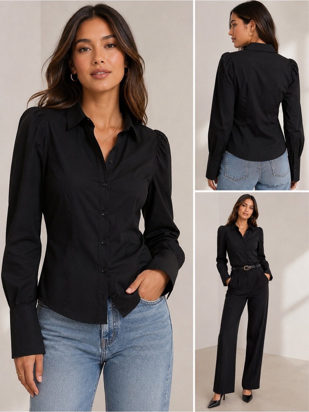 NWT Dynamite Robin Black Puff Sleeve Button-Up Shirt Size S